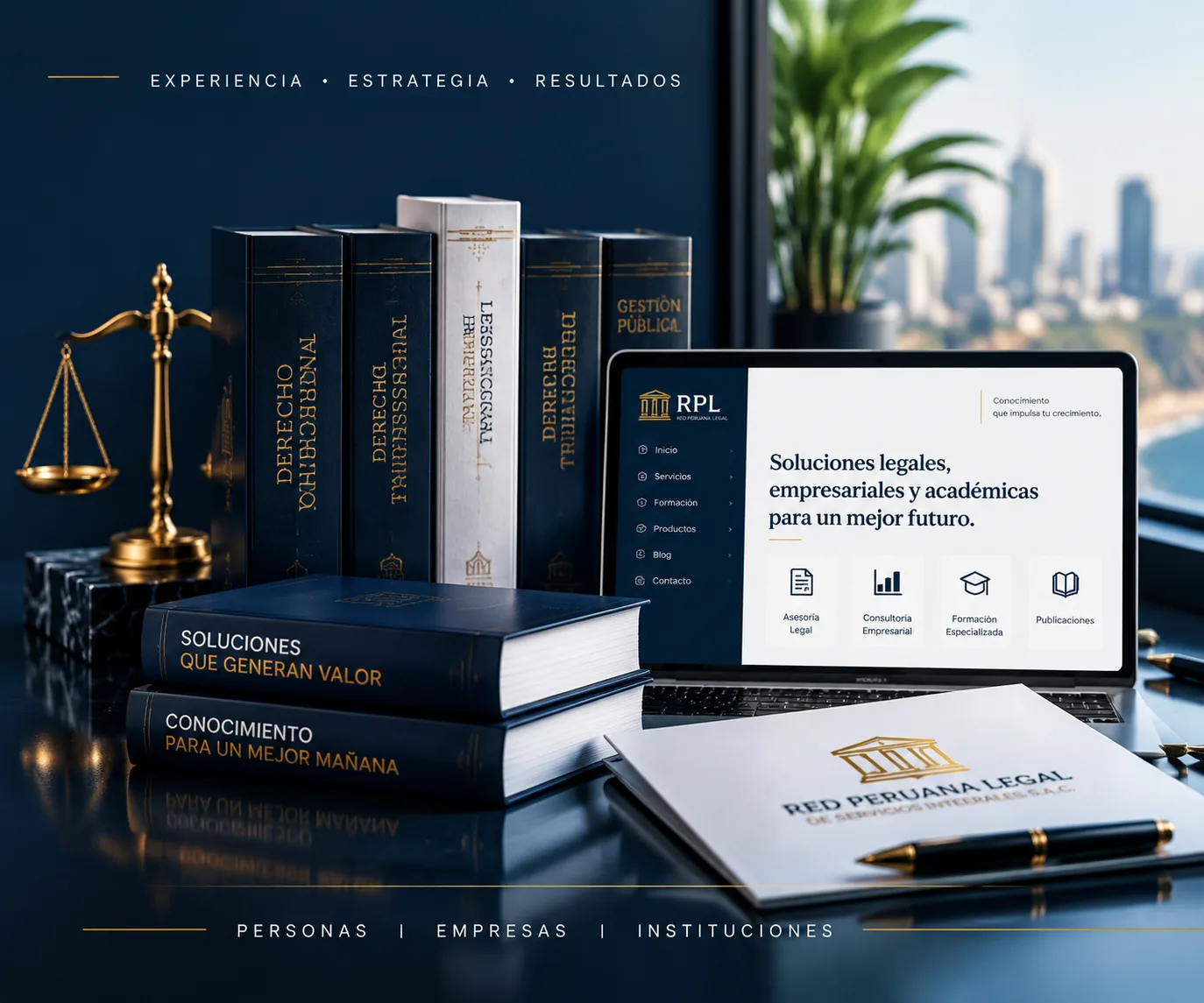 Espacio corporativo con libros jurídicos, documentos empresariales y herramientas digitales que representan asesoría legal y gestión estratégica.
