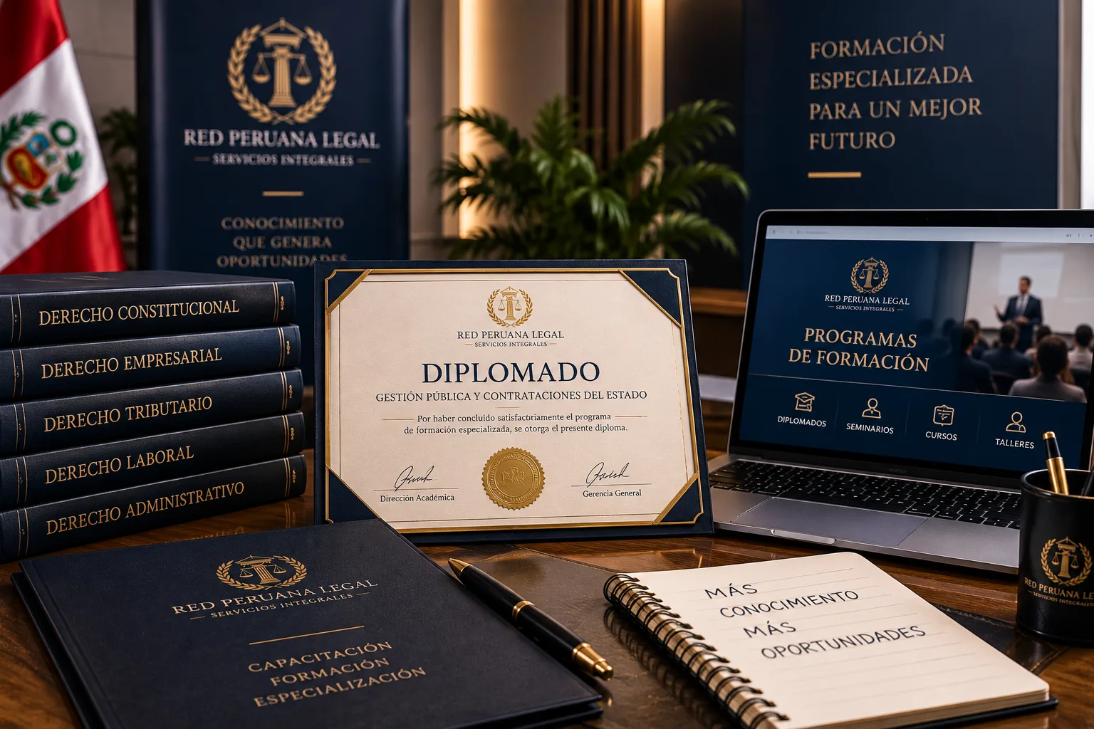 Diploma y materiales correspondientes a programas de formación especializada de Red Peruana Legal.