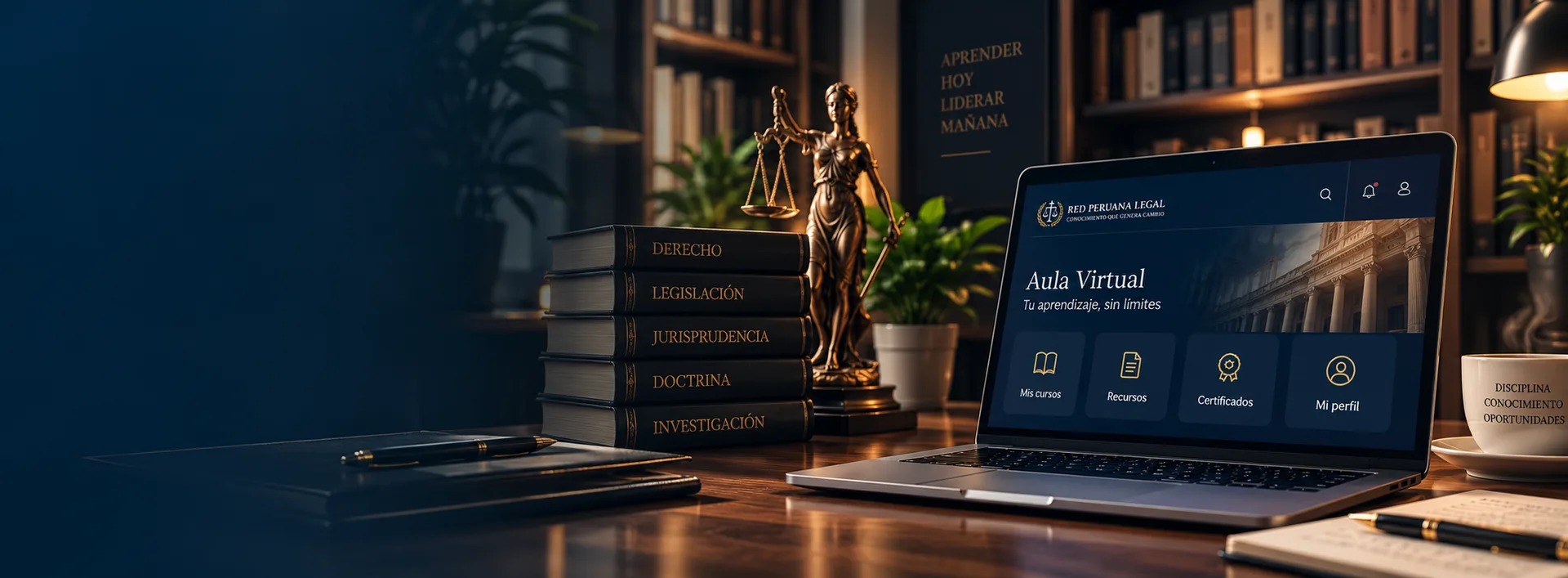 Campus virtual de Red Peruana Legal con plataforma de aprendizaje en línea, libros jurídicos y elementos relacionados con la formación especializada.